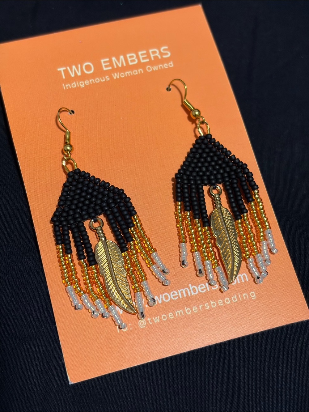 Handmade Black & Gold Beaded Feather Fringe Earrings - Indigenous Owned & Made